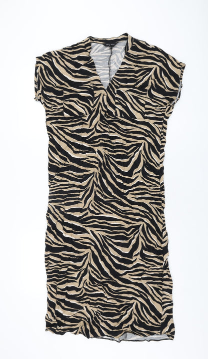 New Look Womens Beige Animal Print Viscose Shift Size 10 V-Neck Pullover