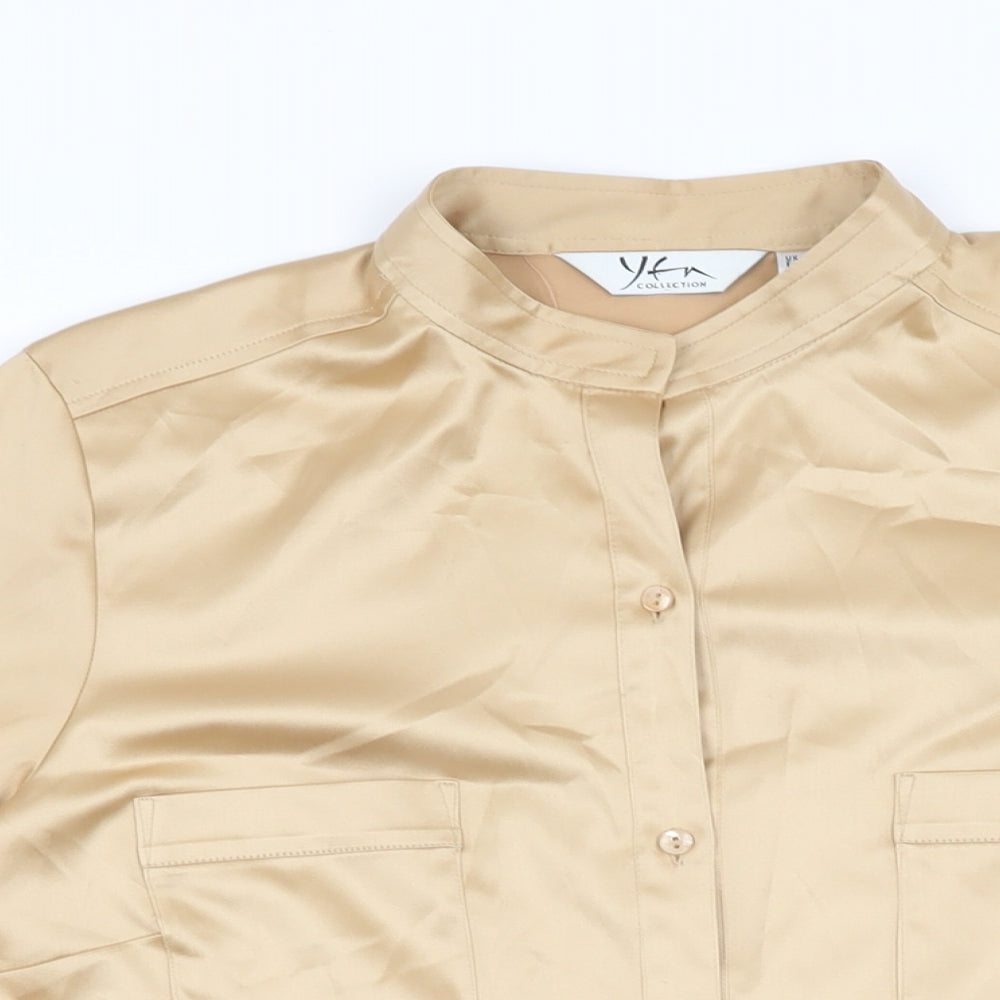 Yfn Collection Womens Gold Polyester Basic Button-Up Size 14 V-Neck