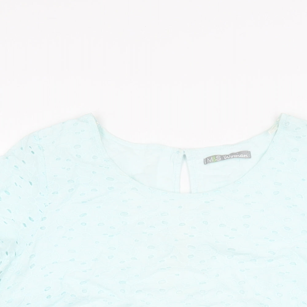Marks and Spencer Womens Blue Floral Cotton Basic T-Shirt Size 12 Round Neck