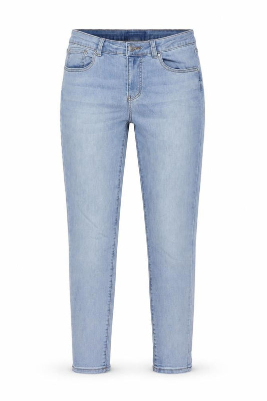 Front view of Denim & Co. women’s blue cotton skinny jeans, size UK 12, 28-inch leg regular button