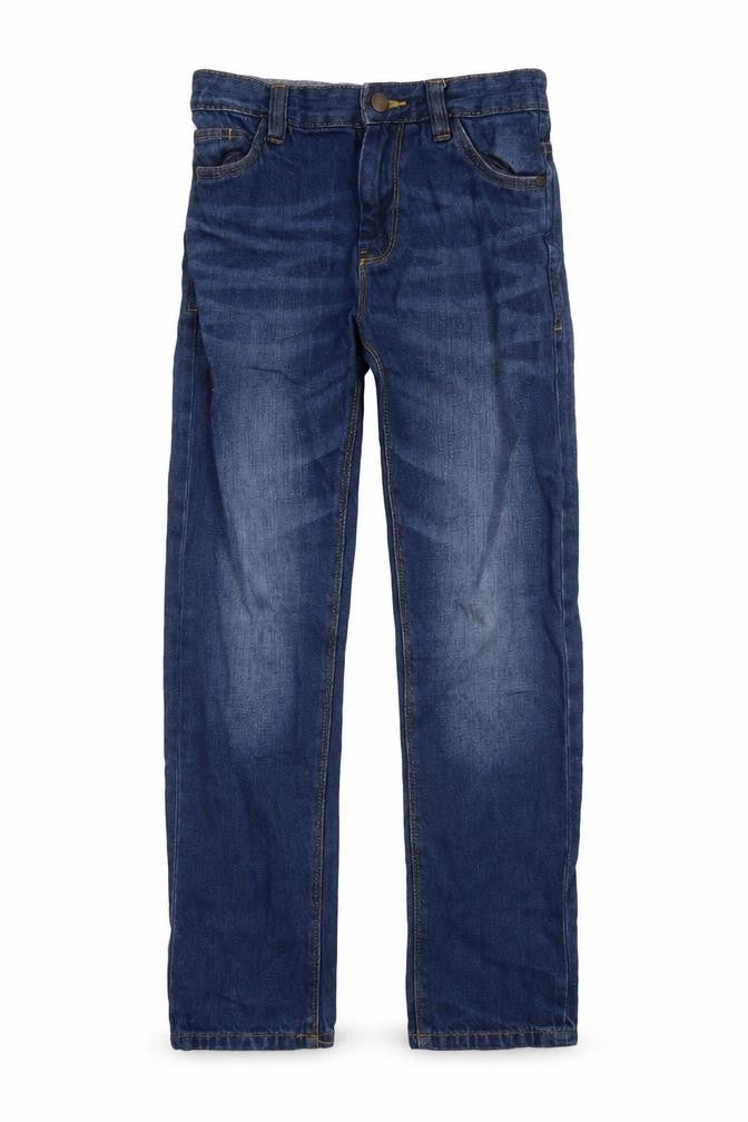 Front view of Next boys’ blue cotton straight jeans, size 9, months regular button