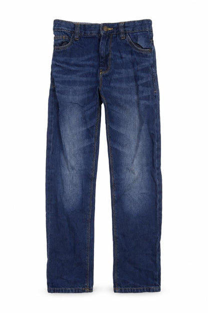 Front view of Next boys’ blue cotton straight jeans, size 9, months regular button