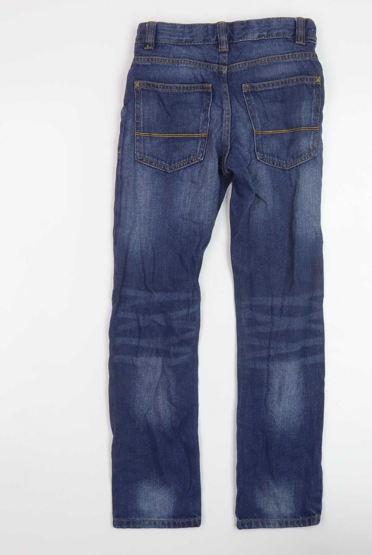 Back view of Next boys’ blue cotton straight jeans, size 9, months regular button