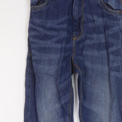 Close-up detail of Next boys’ blue cotton straight jeans, size 9, months regular button