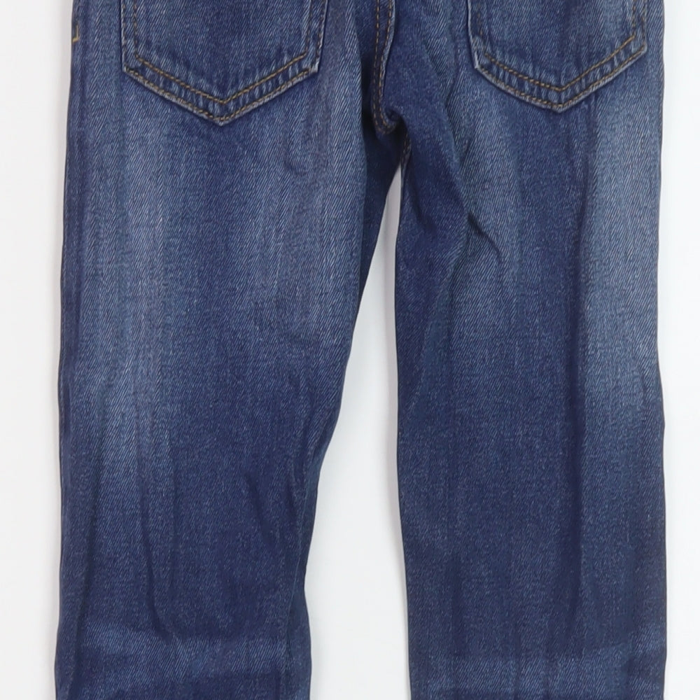 Brand and care label for Next boys’ blue cotton straight jeans, size 9, months regular button