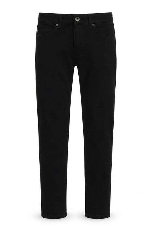 Front view of Denim & Co. men’s black cotton skinny jeans, size 28, in, 32-inch leg regular button