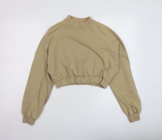 Additional front view of Bershka women’s beige cotton pullover sweatshirt, size M, pullover