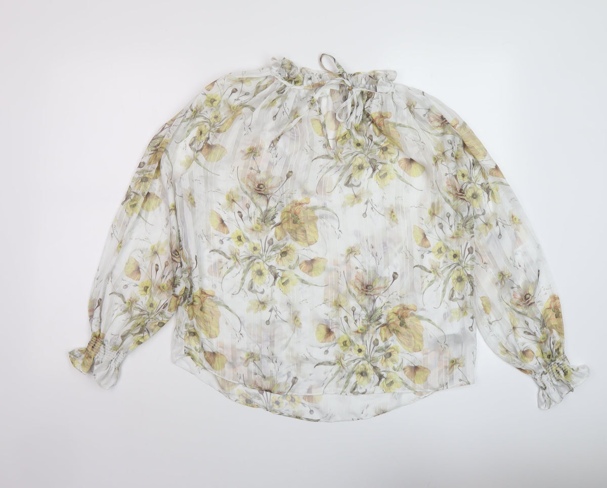 Additional front view of H7&M women’s white floral polyester basic blouse, size UK 6, mock neck