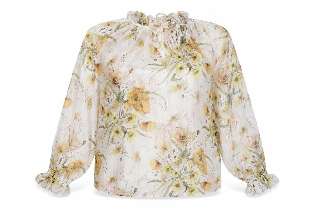 Front view of H7&M women’s white floral polyester basic blouse, size UK 6, mock neck