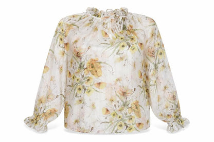 Front view of H7&M women’s white floral polyester basic blouse, size UK 6, mock neck