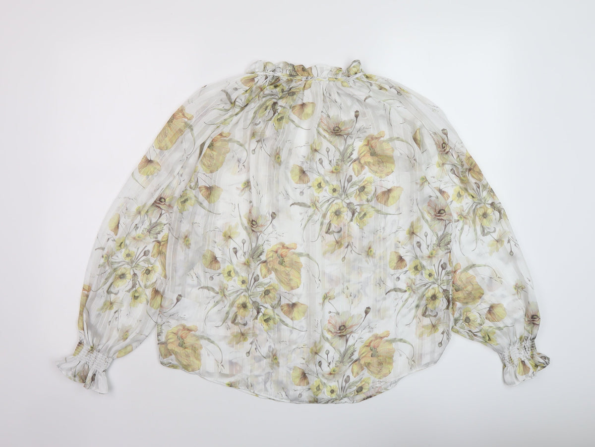 Back view of H7&M women’s white floral polyester basic blouse, size UK 6, mock neck