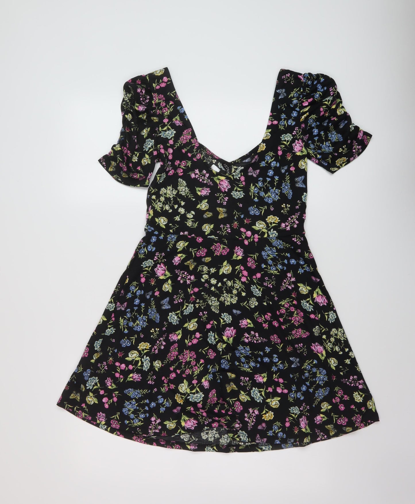 H&M Womens Black Floral Polyester A-Line Size M V-Neck Pullover