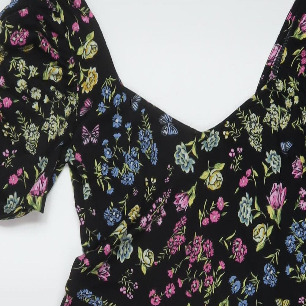 H&M Womens Black Floral Polyester A-Line Size M V-Neck Pullover