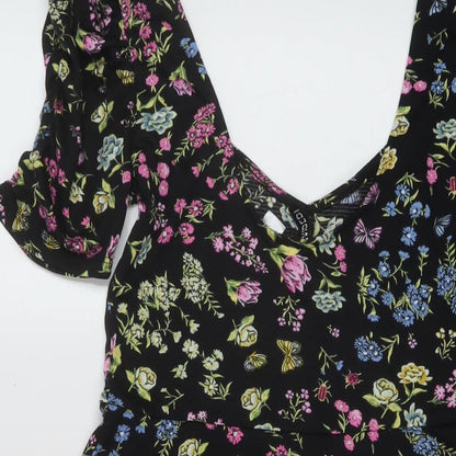 H&M Womens Black Floral Polyester A-Line Size M V-Neck Pullover
