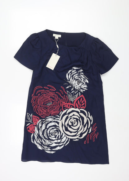 Monsoon Womens Blue Polyester Shift Size 12 Round Neck Button - Floral Embroidery Sequin Print