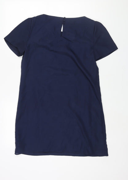 Monsoon Womens Blue Polyester Shift Size 12 Round Neck Button - Floral Embroidery Sequin Print