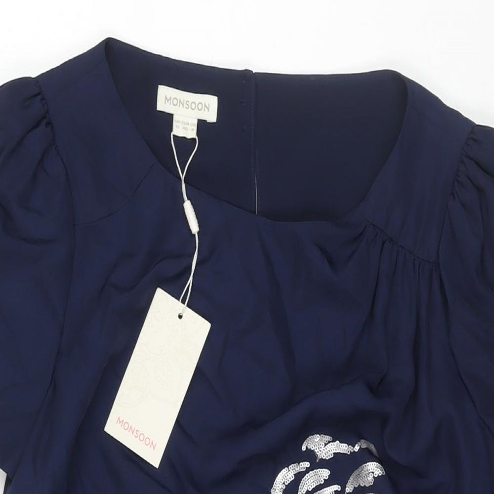 Monsoon Womens Blue Polyester Shift Size 12 Round Neck Button - Floral Embroidery Sequin Print