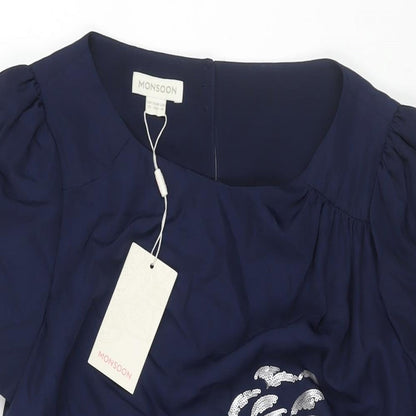 Monsoon Womens Blue Polyester Shift Size 12 Round Neck Button - Floral Embroidery Sequin Print
