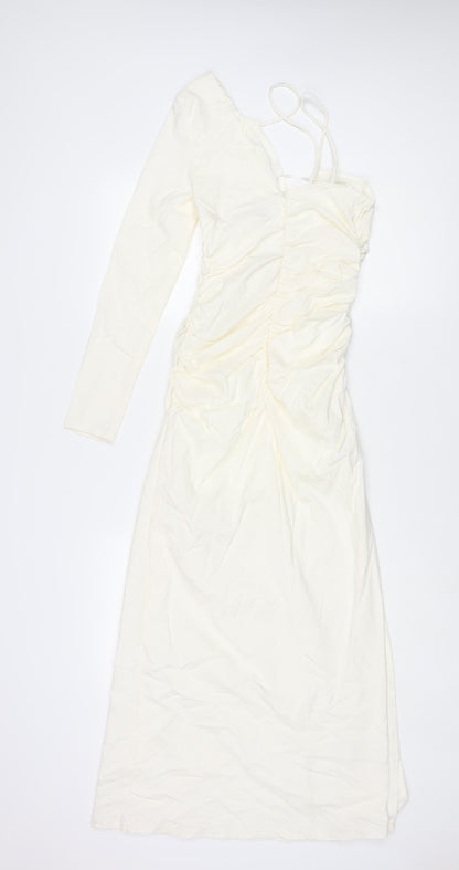 Stradivarius Womens Ivory Polyester Maxi Size S One Shoulder Zip - Rouched Drawstring Strap Detail