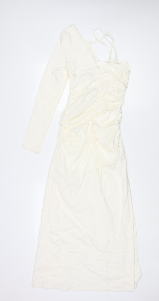 Stradivarius Womens Ivory Polyester Maxi Size S One Shoulder Zip - Rouched Drawstring Strap Detail