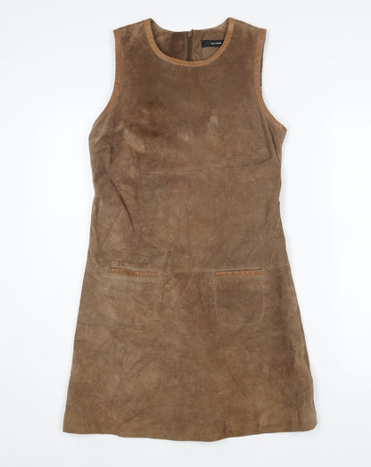 Hallhuber Womens Brown Acetate Shift Size 10 Round Neck Zip - Suede Type Fabric Pocket