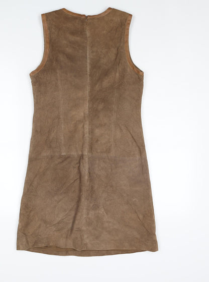 Hallhuber Womens Brown Acetate Shift Size 10 Round Neck Zip - Suede Type Fabric Pocket