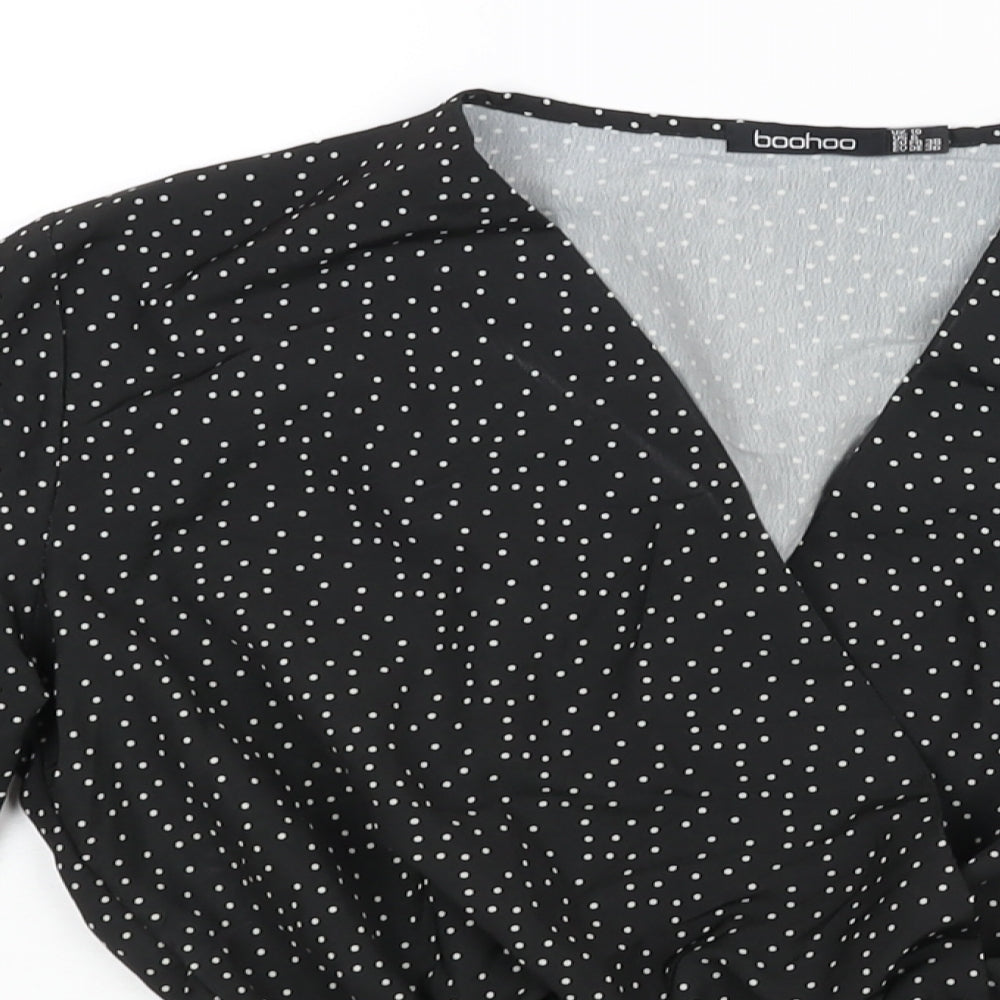Boohoo Womens Black Polka Dot Polyester Basic Blouse Size 10 V-Neck - Peplum