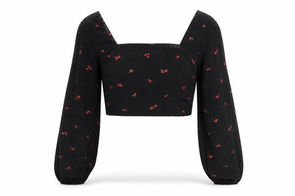 FACTORIE Womens Black Floral Polyester Cropped Blouse Size 8 Square Neck