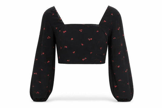 FACTORIE Womens Black Floral Polyester Cropped Blouse Size 8 Square Neck