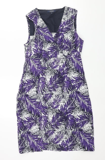 Maine Womens Purple Geometric Linen Shift Size 12 V-Neck Zip - Plant Print