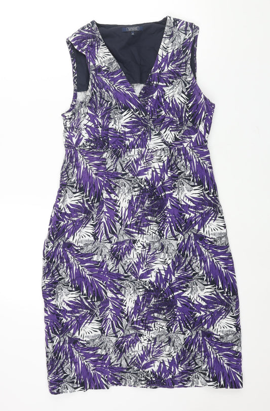 Maine Womens Purple Geometric Linen Shift Size 12 V-Neck Zip - Plant Print