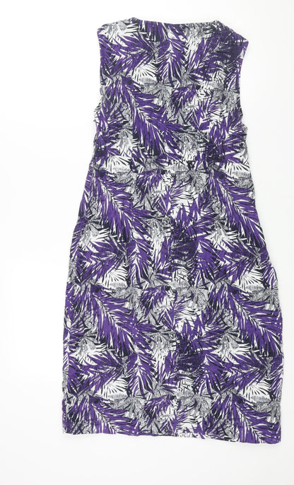 Maine Womens Purple Geometric Linen Shift Size 12 V-Neck Zip - Plant Print