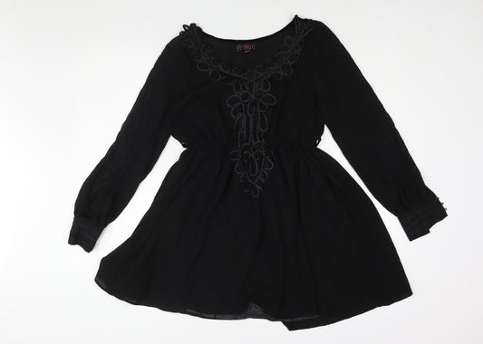 Frock and Frill Womens Black Polyester A-Line Size 10 Scoop Neck Pullover - Lace Detail Belted