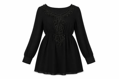 Frock and Frill Womens Black Polyester A-Line Size 10 Scoop Neck Pullover - Lace Detail Belted