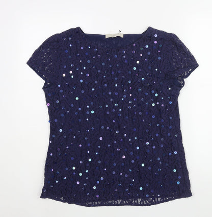 LOFT Womens Blue Nylon Basic Blouse Size M Round Neck - Sequin Detail