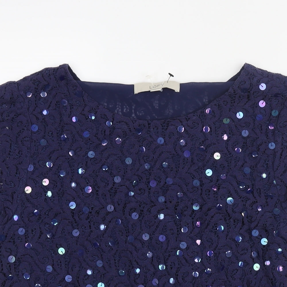 LOFT Womens Blue Nylon Basic Blouse Size M Round Neck - Sequin Detail