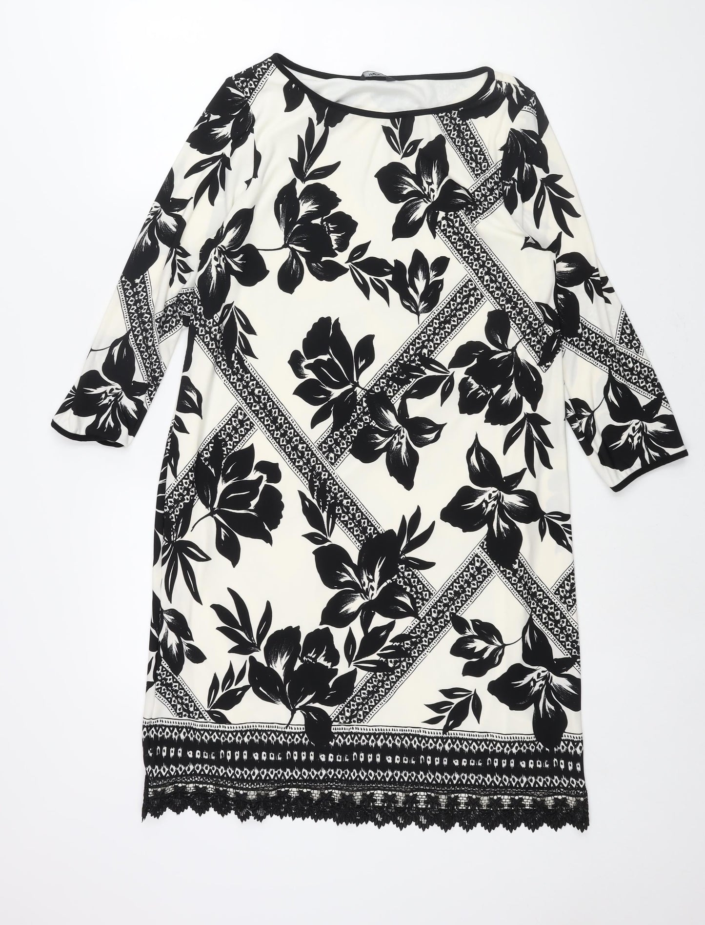M&Co Womens Ivory Geometric Polyester Shift Size 14 Boat Neck Pullover - Lace Trim Floral Print