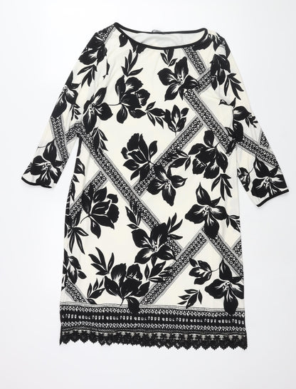 M&Co Womens Ivory Geometric Polyester Shift Size 14 Boat Neck Pullover - Lace Trim Floral Print