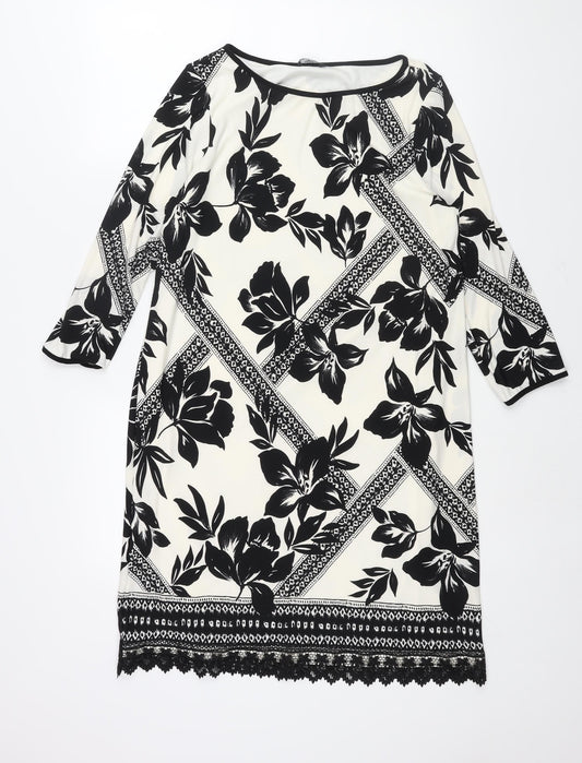 M&Co Womens Ivory Geometric Polyester Shift Size 14 Boat Neck Pullover - Lace Trim Floral Print