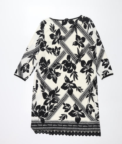 M&Co Womens Ivory Geometric Polyester Shift Size 14 Boat Neck Pullover - Lace Trim Floral Print