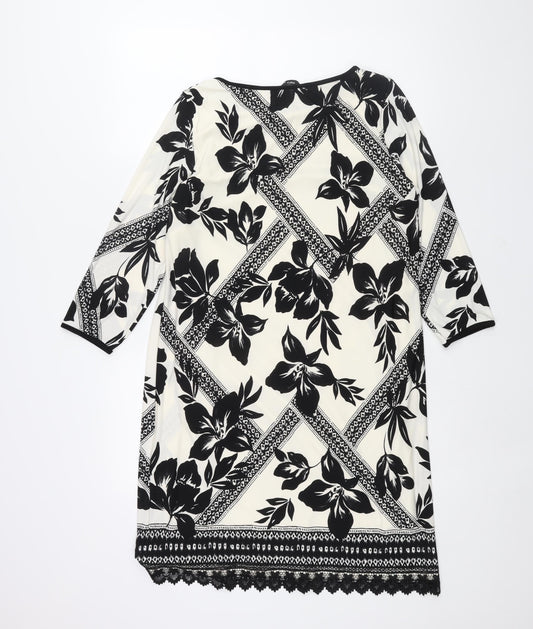 M&Co Womens Ivory Geometric Polyester Shift Size 14 Boat Neck Pullover - Lace Trim Floral Print