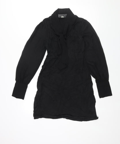 Oasis Womens Black Acrylic Jumper Dress Size 10 V-Neck Pullover - Bow Detail Semi Sheer Sleeves