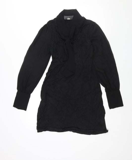 Oasis Womens Black Acrylic Jumper Dress Size 10 V-Neck Pullover - Bow Detail Semi Sheer Sleeves