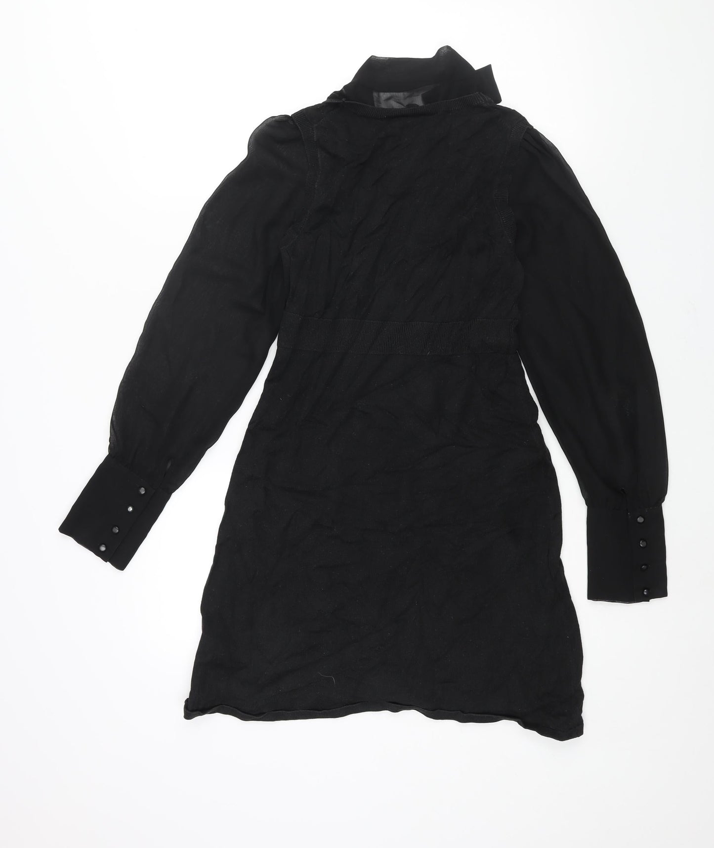 Oasis Womens Black Acrylic Jumper Dress Size 10 V-Neck Pullover - Bow Detail Semi Sheer Sleeves