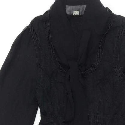 Oasis Womens Black Acrylic Jumper Dress Size 10 V-Neck Pullover - Bow Detail Semi Sheer Sleeves