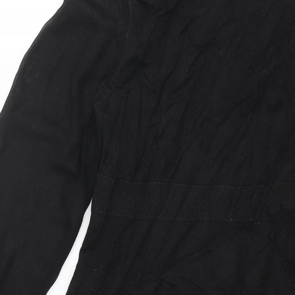 Oasis Womens Black Acrylic Jumper Dress Size 10 V-Neck Pullover - Bow Detail Semi Sheer Sleeves
