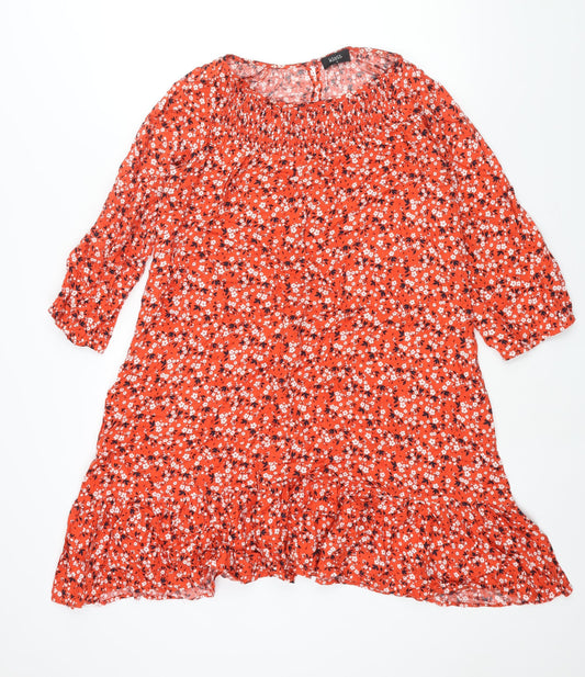 Klass Womens Red Floral Viscose A-Line Size 12 Round Neck Button - Smocked