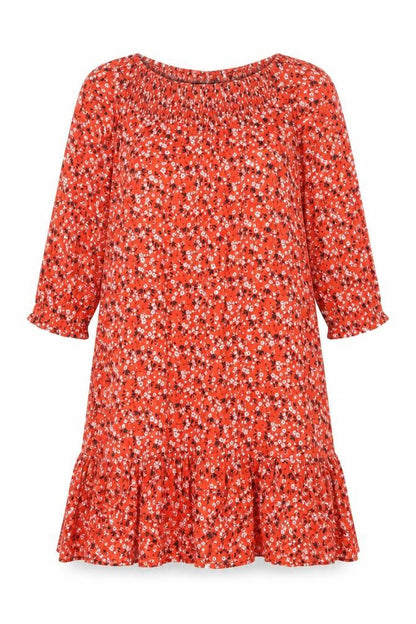 Klass Womens Red Floral Viscose A-Line Size 12 Round Neck Button - Smocked
