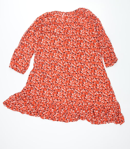 Klass Womens Red Floral Viscose A-Line Size 12 Round Neck Button - Smocked