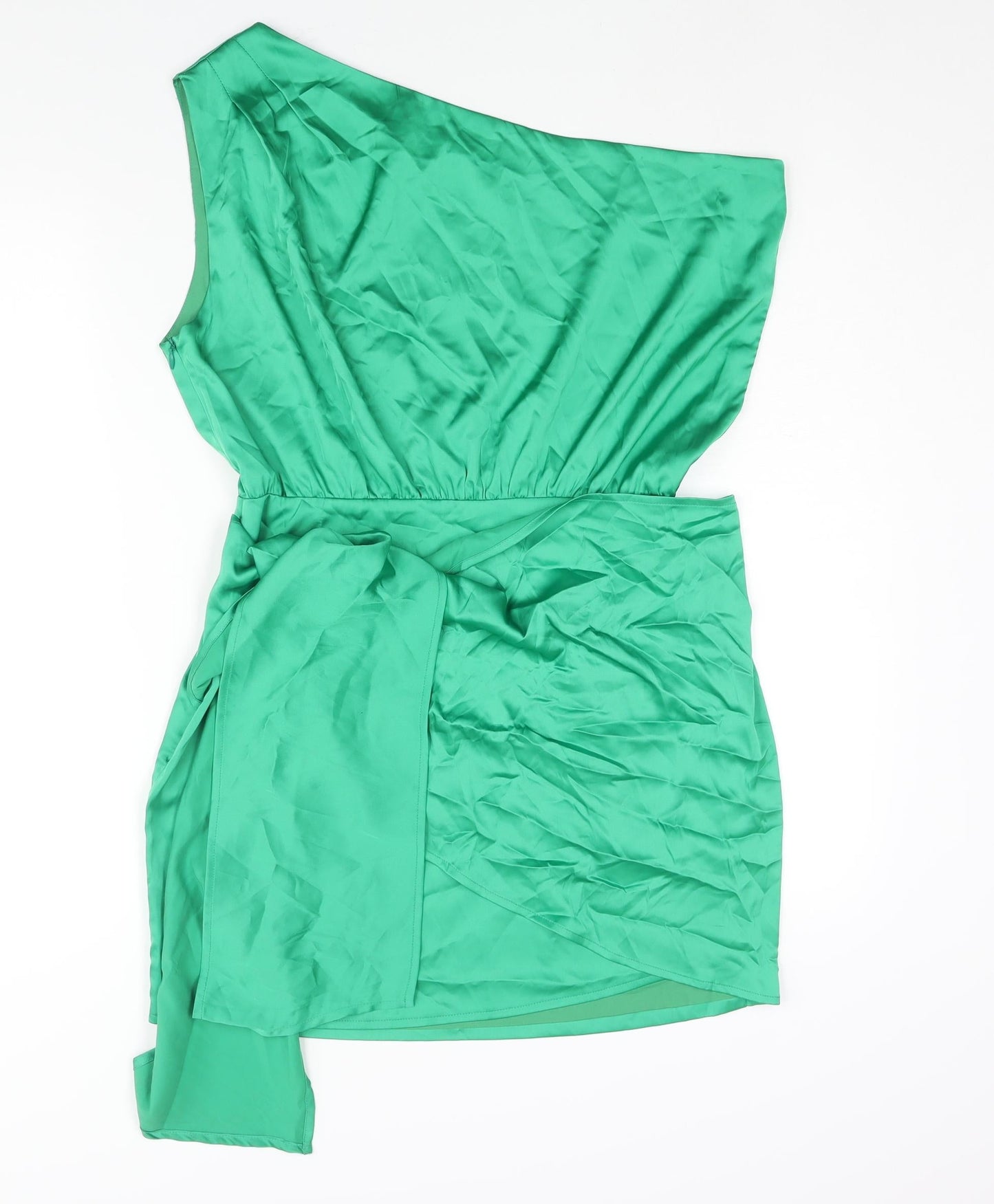 RUNWAY Womens Green Polyester Mini Size 10 One Shoulder Zip - Wrap Skirt Detail